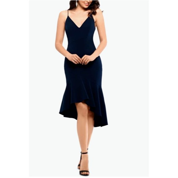 Xscape Dresses & Skirts - Xscape Women's 6 Asymmetric Ruffled Party Cocktail Dress Navy Blue Sleev…